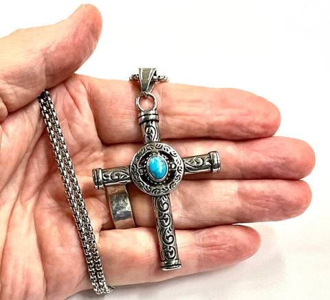 Turquoise Cross Celtic Sun Crucifix Catholic Waterproof All Stainless Steel Hypoallergenic Cross and Chain Necklace for Men hip hop Jesus