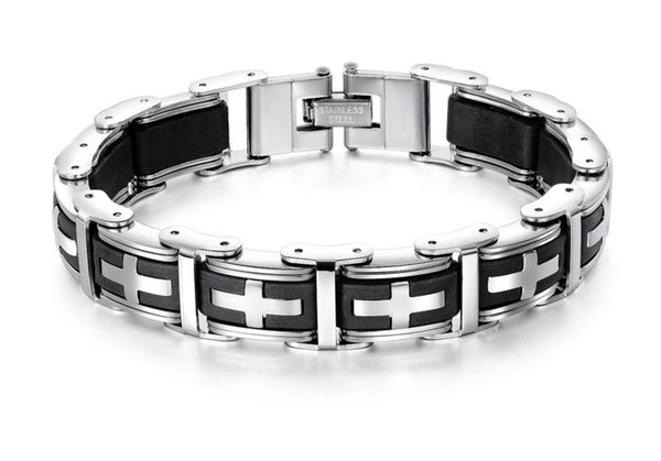 Heavy Silver Black Bracelet Cross Links for Mens Bangle Stainless Steel Engraved Boys Cuff Heavy Design Christian Jewelry Jewellery