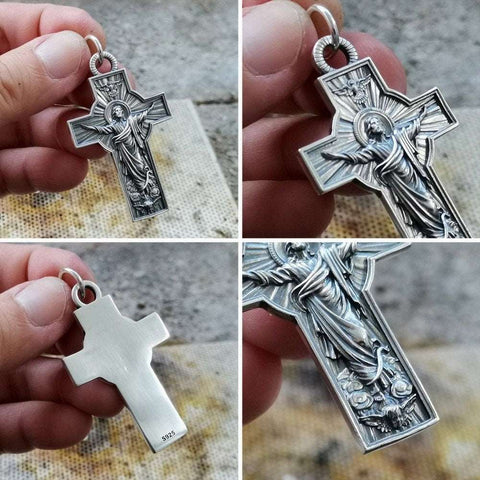 Gorgeous Vintage Jesus Ascension Cross Solid Sterling Silver Prince of Peace Dove Crucifix Catholic Antiqued Chain