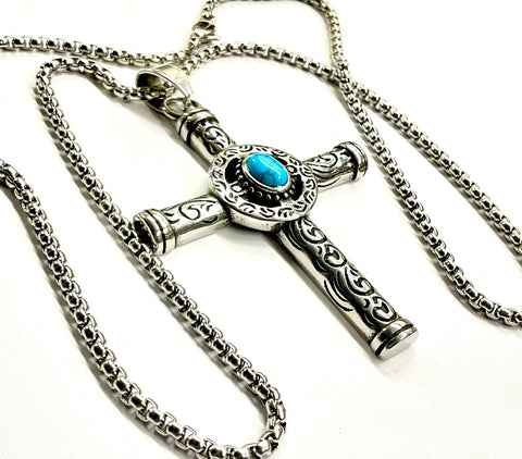 Turquoise Cross Celtic Sun Crucifix Catholic Waterproof All Stainless Steel Hypoallergenic Cross and Chain Necklace for Men hip hop Jesus