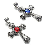 Silver Cross Necklace Red Blue CZ Catholic Crucifix Super Large Center Zirconia Cross Vintage Filigree Viking Heavy Braided Chain Jewelry