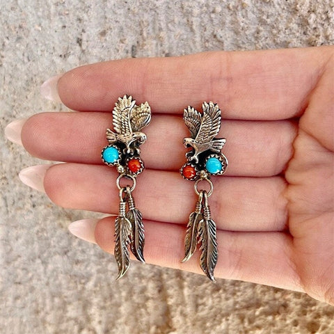 Double Feather Eagle Stud Earrings Red and Blue turquoise Stone Dangle Feather Biker Earrings