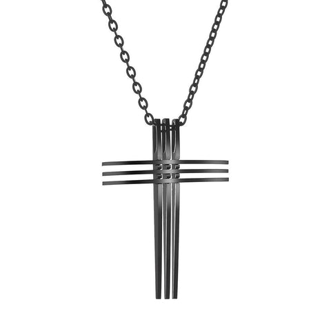 All Black 3 Crosses 3 Bar Necklace Waterproof 3 Layer Triple Light Weight Cross Stainless Steel and Chain Christian Jewelry Crucifix