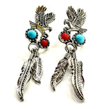 Double Feather Eagle Stud Earrings Red and Blue turquoise Stone Dangle Feather Biker Earrings