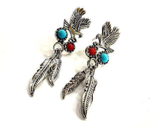 Double Feather Eagle Stud Earrings Red and Blue turquoise Stone Dangle Feather Biker Earrings