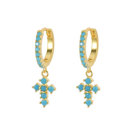 Turquoise Cross Hoop Earrings Gold over Solid Sterling Silver Classic Western Style Crosses of Jesus Jewelry Modern Wedding Woman