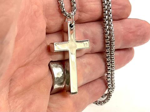 Solid sterling silver cross S925 stamp accent stainless steel necklace for men old world silver necklace cross super box chain for man jesus