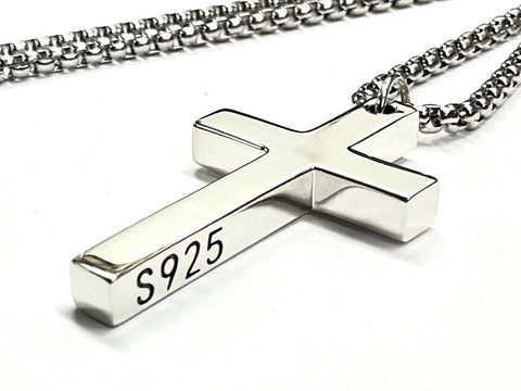 Solid sterling silver cross S925 stamp accent stainless steel necklace for men old world silver necklace cross super box chain for man jesus