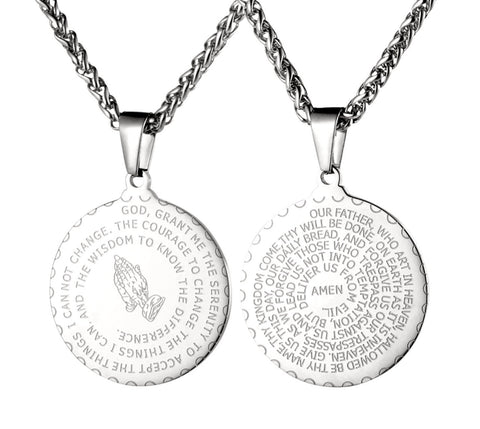 Spiral serenity prayer necklace round our father medal lord's prayer serene bible verse prayer hands jerusalem stainless 12 step AA