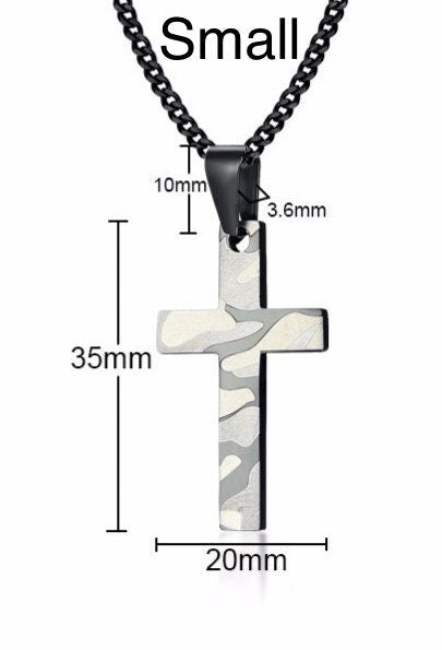 Camouflage Cross Necklace Military Grey and Black Mens Waterproof Hypoallergenic Stainless Steel Black Curb Chain Crucifix Boys Jewelry