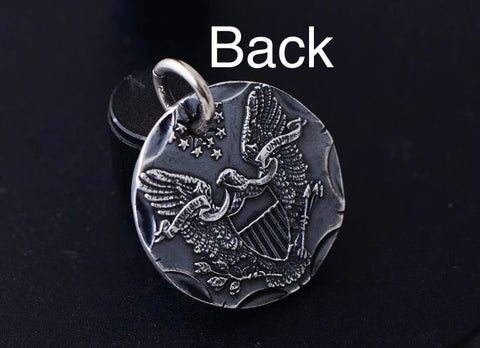 Solid sterling silver western bald eagle pendant coin necklace biker for man