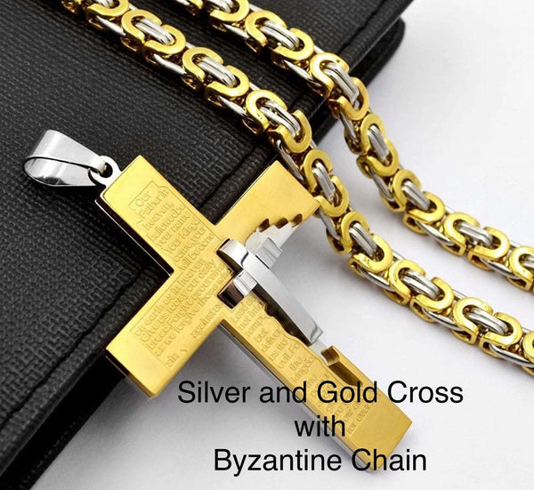 Large Crucifix Cross Lords Prayer Our Father hip hop Men Orthodox Byzantine Waterproof Chain Silver Gold Heavy Stainless Steel Thick Chain