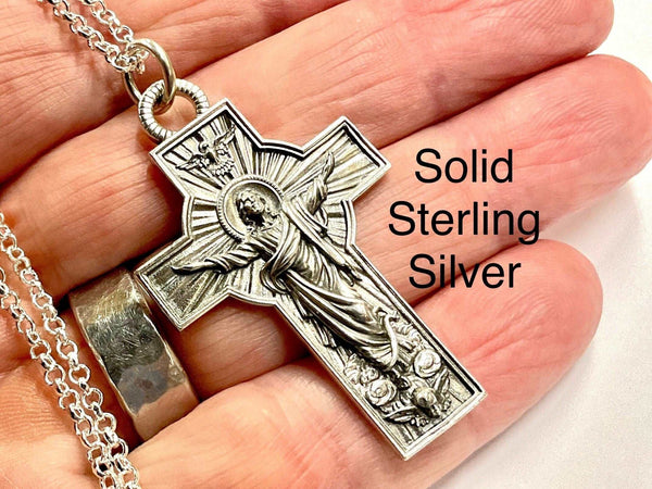 Gorgeous Vintage Jesus Ascension Cross Solid Sterling Silver Prince of Peace Dove Crucifix Catholic Antiqued Chain