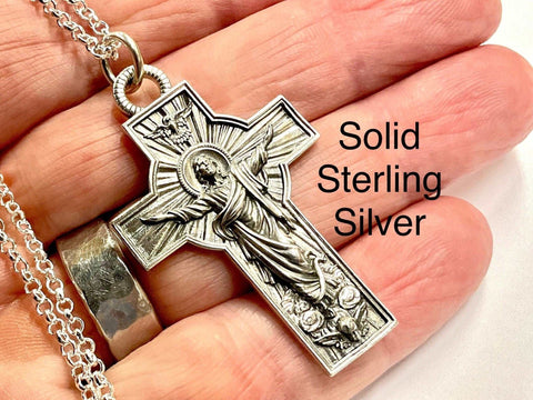 Gorgeous Vintage Jesus Ascension Cross Solid Sterling Silver Prince of Peace Dove Crucifix Catholic Antiqued Chain