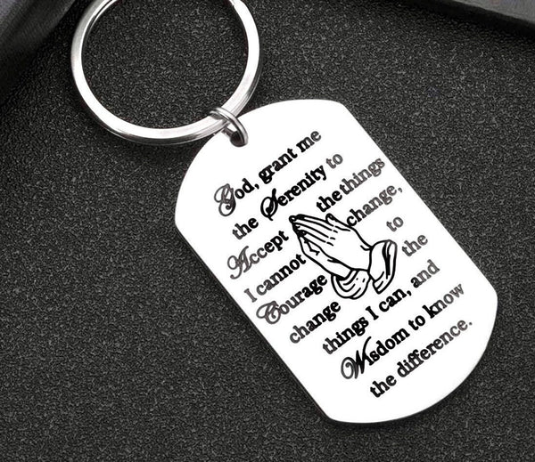 Serenity Prayer Keychain Keyring Inset Lettering Dog Tag Silver Exclusive Design Pendant for Mens Boys Waterproof Jewelry