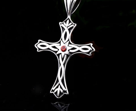 Silver Cross Necklace Celtic Irish Knot Red Zircon Catholic Crucifix Super Large Cross Vintage Filigree Viking Heavy Braided Chain Jewelry