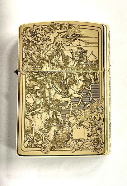 Brass Lighter Four Horsemen of the Apocalypse Flint Cigarette Art Lighter Smoking Accessory Embossed Crucifix Deep Filigree God Jesus