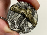 Solid sterling silver western bald eagle pendant coin necklace biker for man