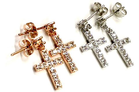 Silver Rose Gold CZ Cross Swag Bling Earrings Dainty Drop Dangle Studs Cast CZ Post Design Elegant Womens jewellery Girls jewelry jesus