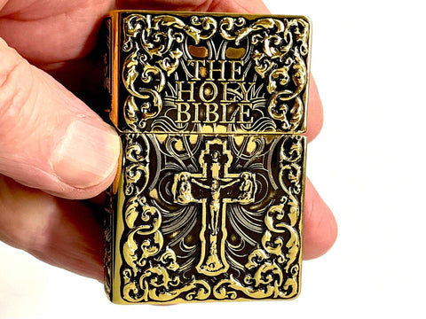 Cross lighter holy bible heavy bronze crucifix deep embossed filigree designed with antiqued accents god jesus christian jewelry