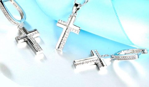 Set - sterling silver cross earrings and necklace with zircons S925 pendant for women jewelry link chain jewellery for girls