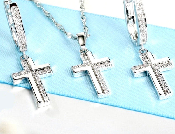 Set - sterling silver cross earrings and necklace with zircons S925 pendant for women jewelry link chain jewellery for girls