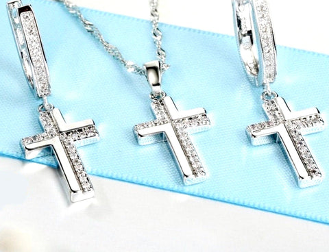 Set - sterling silver cross earrings and necklace with zircons S925 pendant for women jewelry link chain jewellery for girls