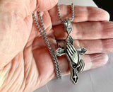 Gorgeous Full Size All Tin Praying Hands Cross Necklace Rosary Gothic Crucifix Jewelry Men Women Catholic Crucifix Christ Orthodox Jesus