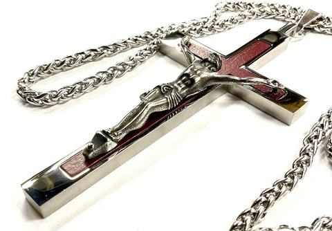 Behemoth wood inlayed crucifix cross necklace for men man women stainless steel large hypoallergenic cross and keel chain