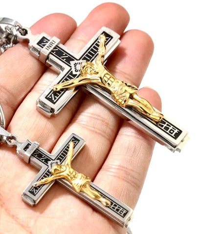 Large gothic crucifix cross necklace for men silver and gold heavy stainless steel waterproof thick curb chain jewellry INRI Jesus