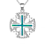 Jerusalem Cross Solid Sterling Silver Jesus Medal with Blue Green Opal inlay Medallion Jewish