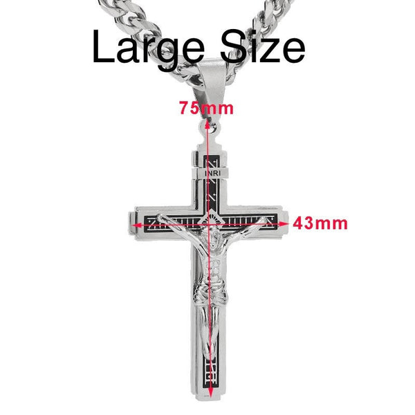 Large Gothic Crucifix Cross Necklace for Men All Silver Heavy Stainless Steel Waterproof Thick Curb Chain Jewelry Jewellery INRI Jesus