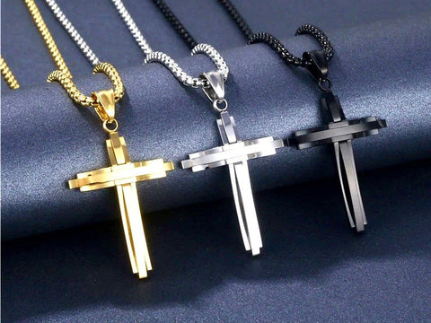 Gold Cross Mens Necklace Black 3 Layer Bars Boys Waterproof Stainless Steel Wheat Chain Catholic Crucifix Christ Orthodox Jesus