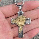 Crucifix Full Gold Crown of Thorns Cross Gold Saviors Face of Jesus Necklace Waterproof Hypoallergenic Stainless Steel Headdress Catholic