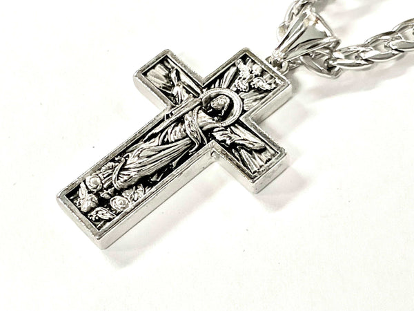 Cross Image of Jesus Ascension Prince of Peace Dove Crucifix Catholic Antiqued with Cross Box Chain