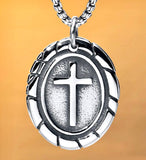 Distinctive Oval Cross Pendant Necklace with Smooth Box Chain Exclusive Design Pendant for Mens Boys Christian Jewelry