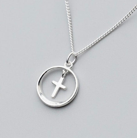 Petite Solid Sterling Silver Cross Circle Outline Accent Necklace S925 Pendant for Women Cast Jewelry link Chain Jewellery for Girls