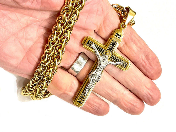 Large silver and gold gothic cross crucifix necklace orthodox men waterproof jewelry for man stainless steel INRI