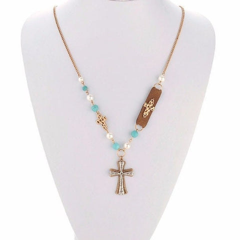 White and Blue Boho Cross Necklace Hammered Finish Multi Color Bohemian Bead Charms Woman Jewelry jewellery