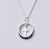 Petite Solid Sterling Silver Cross Circle Outline Accent Necklace S925 Pendant for Women Cast Jewelry link Chain Jewellery for Girls