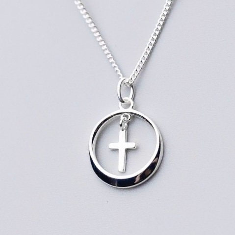 Petite Solid Sterling Silver Cross Circle Outline Accent Necklace S925 Pendant for Women Cast Jewelry link Chain Jewellery for Girls