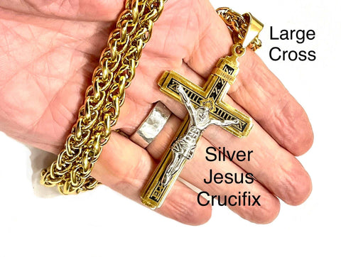 Large silver and gold gothic cross crucifix necklace orthodox men waterproof jewelry for man stainless steel INRI