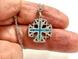 Jerusalem Cross Solid Sterling Silver Jesus Medal with Blue Green Opal inlay Medallion Jewish