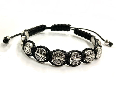 Saint Benedict Bracelet Black Woven String Wrap with Pull Protection Bangle Cuff Boho Hippie Bracelets for Women Men Girls