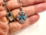 Jerusalem Cross Solid Sterling Silver Jesus Medal with Blue Green Opal inlay Medallion Jewish