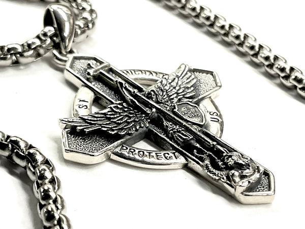 Winged Saint Michaels the Archangel Cross Solid Sterling Silver Waterproof Protect Us Celtic Shield St Patron Saint Police Officers Soldiers