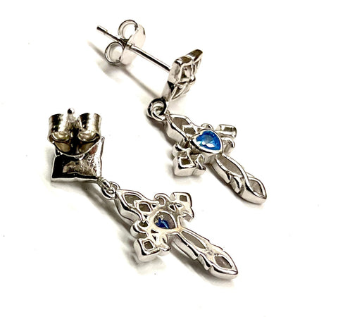 Solid Sterling Silver Cross Blue Zircon Earrings Sacred Heart Dangle S925 Hypoallergenic Elegant Dainty Sparkling Jewelry young girls women