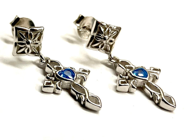 Solid Sterling Silver Cross Blue Zircon Earrings Sacred Heart Dangle S925 Hypoallergenic Elegant Dainty Sparkling Jewelry young girls women