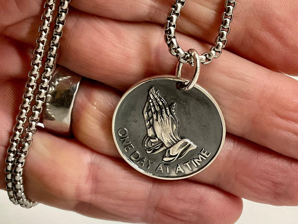 Solid Sterling Silver Serenity Prayer Coin Necklace Praying Hands Raised Lettering Sobriety Coin Necklace one day at a time