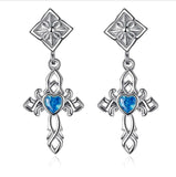 Solid Sterling Silver Cross Blue Zircon Earrings Sacred Heart Dangle S925 Hypoallergenic Elegant Dainty Sparkling Jewelry young girls women